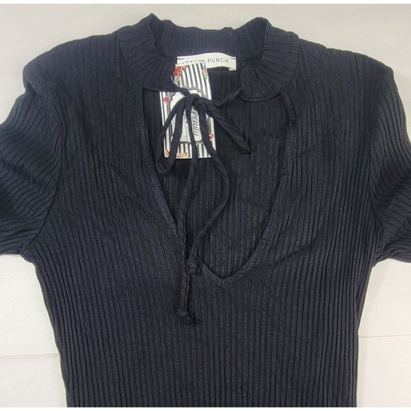 Honey Punch Bodysuit Ribbed Black Long Sleeve V-Neck Womens Small NWT - Picture 3 of 8